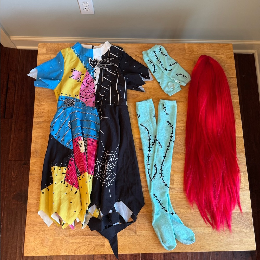 Girls Blue & Black Patchwork Halloween Costume with Red Wig
